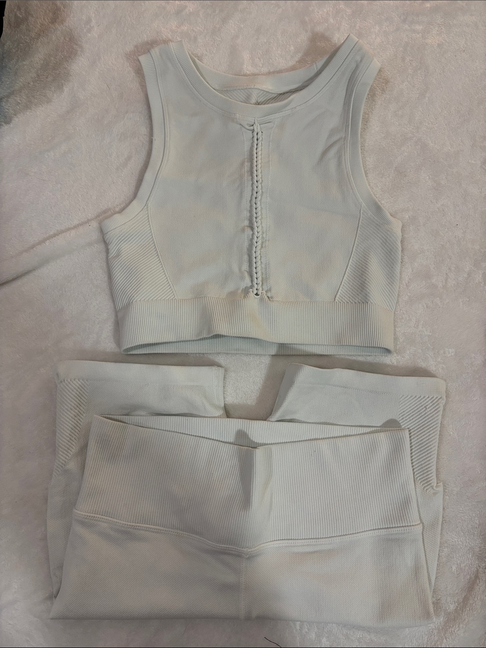 Aerie White Ribbed Active Set - Crop Tank & High-Waist Shorts (both S)